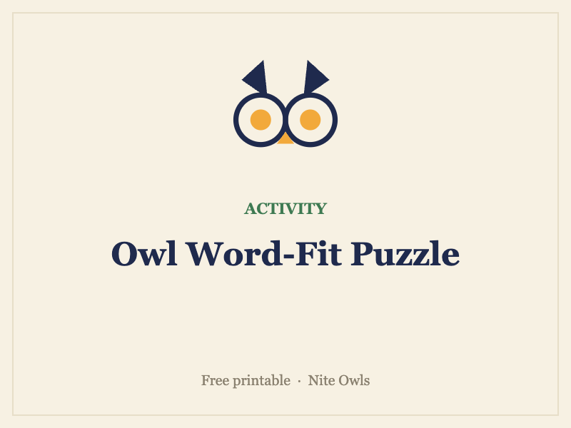 Preview of the Owl Word-Fit Puzzle — free owl activity resource from Nite Owls
